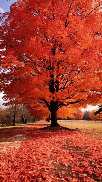 drzewo z czerwonymi liśćmi, które jest na środku pola.