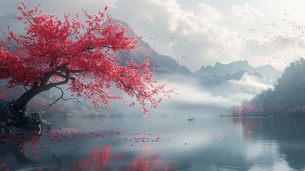 drzewo z czerwonymi liśćmi w wodzie