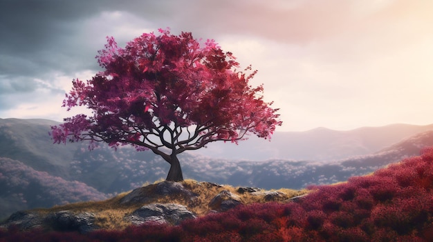 Drzewo z fioletowym kwiatem pośrodku obrazu