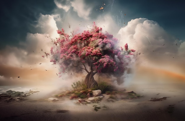 Zdjęcie drzewo z kwiatami dramatyczne oświetlenie symbolizujące odrodzenie