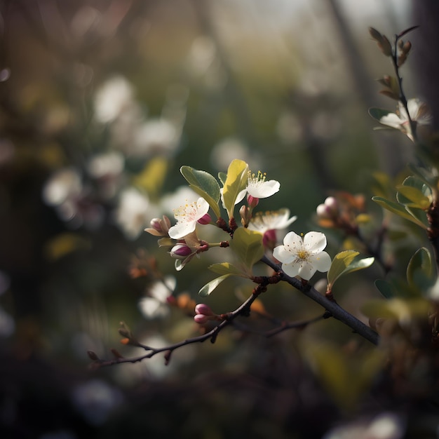 Drzewo z kwiatami i zielonymi liśćmi z napisem „wiosna”.