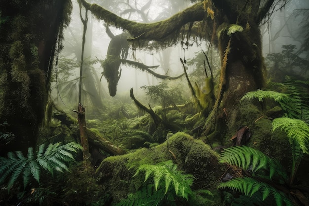 Drzewo z opadającymi paprociami i mchami otoczone egzotycznym mglistym lasem stworzonym za pomocą generatywnej sztucznej inteligencji