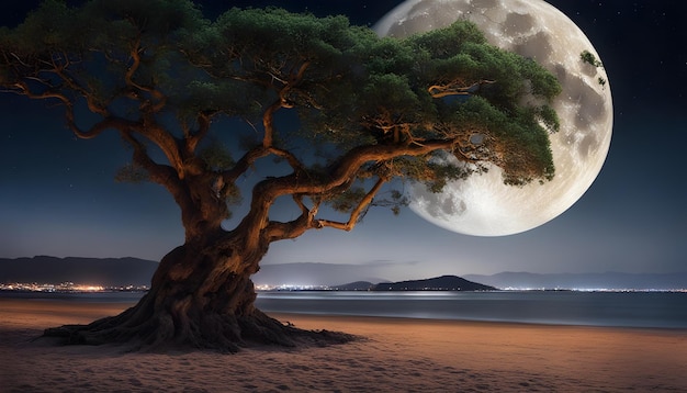 drzewo z pełnym księżycem na tle