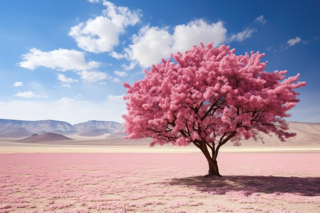 Drzewo z różowymi kwiatami na polu