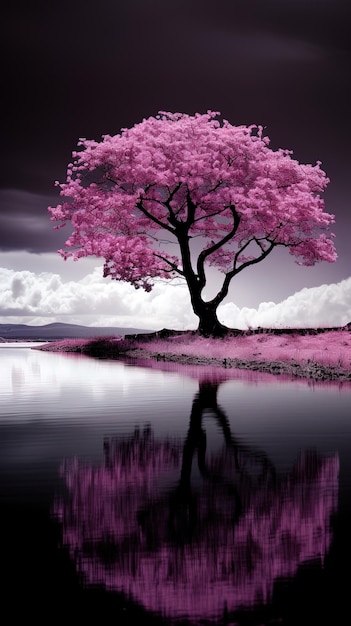 drzewo z różowymi liśćmi odbija się w wodzie