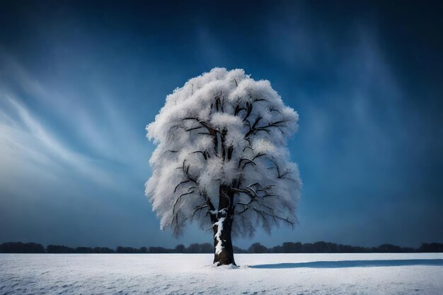 drzewo z śniegiem na nim i niebem za nim