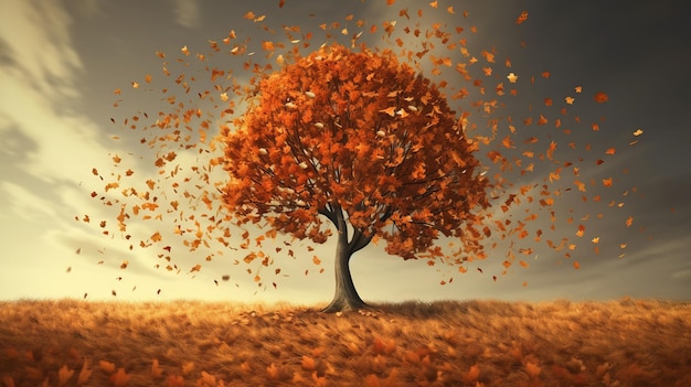 Drzewo z upadającymi jesiennymi liśćmi przedstawiające ilustrację wygenerowaną przez AI