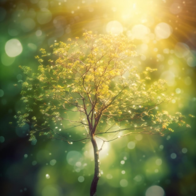 Drzewo z zielonymi liśćmi i światłem w tle