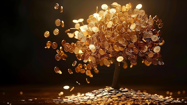 Drzewo z złotymi monetami i drzewo z słowami "złote monety" na nim.