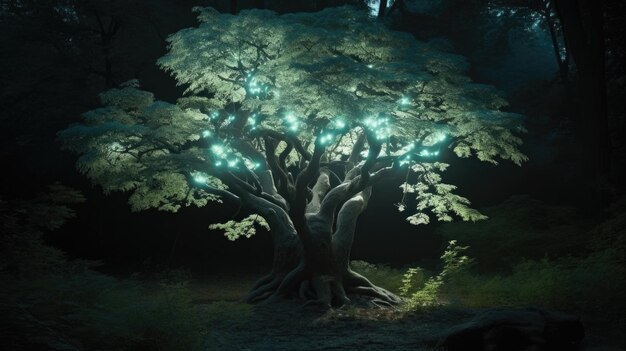 Drzewo ze świecącymi światłami w ciemności