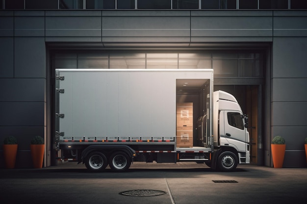 Drzwi ładunkowe otwierają się w zaparkowanej ciężarówce, aby zapewnić szybką dostawę i sukces Ai generative