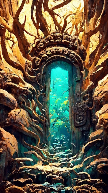 Drzwi lasu w stylu Majów pod morzem ilustracja 3D
