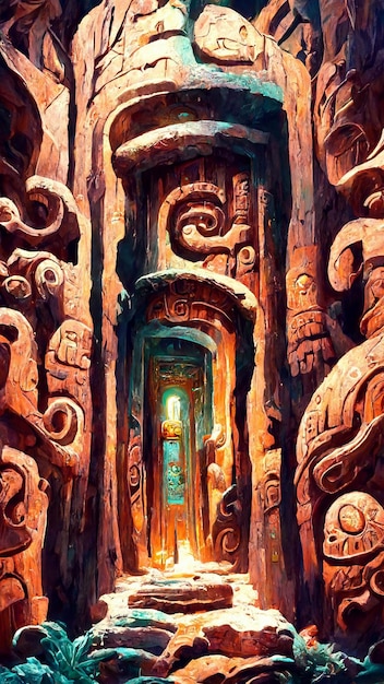 Drzwi lasu w stylu Majów pod morzem ilustracja 3D