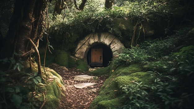 Drzwi w kamiennym tunelu otoczone są zielenią.