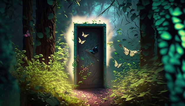 Drzwi w lesie z motylem na drzwiach.
