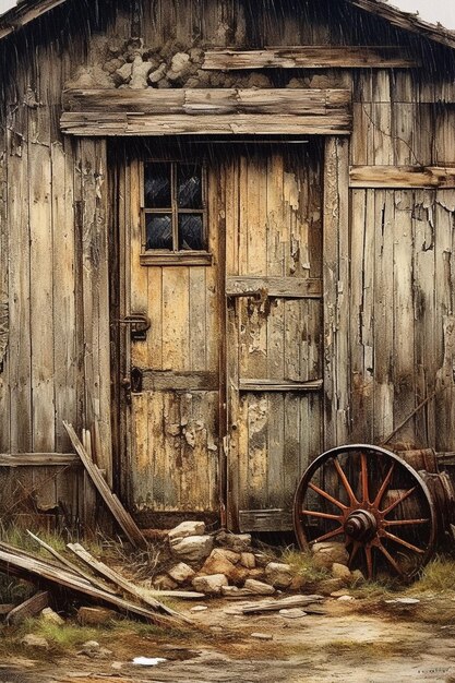 Drzwi wykonane z drewna i wyposażone w koło.