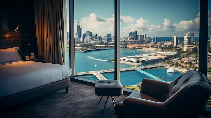 Zdjęcie dubai z widokiem na morze w pokoju z dużym szkłem