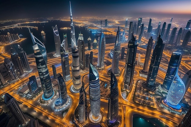 Dubai Zjednoczone Emiraty Arabskie 17 grudnia 2022 miasto Dubai w nocy Widok powietrzny drapaczy chmur miasta Dubai lub linii horyzontu wraz z Burj Khalifa uchwycony z centrum Dubaju w Zjednoczonych Emiratach Arabskich