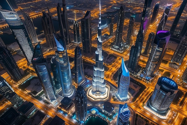 Dubai Zjednoczone Emiraty Arabskie 17 grudnia 2022 miasto Dubai w nocy Widok powietrzny drapaczy chmur miasta Dubai lub linii horyzontu wraz z Burj Khalifa uchwycony z centrum Dubaju w Zjednoczonych Emiratach Arabskich