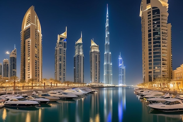 DUBAJ, Zjednoczone Emiraty Arabskie, 29 września 2012 Wspaniały nocny widok na Dubai Marina Marina, dzielnicę Dubaju wzdłuż sztucznego kanału wyrzeźbionego wzdłuż 3-kilometrowego odcinka linii brzegowej Zatoki Perskiej, Zjednoczone Emiraty Arabskie