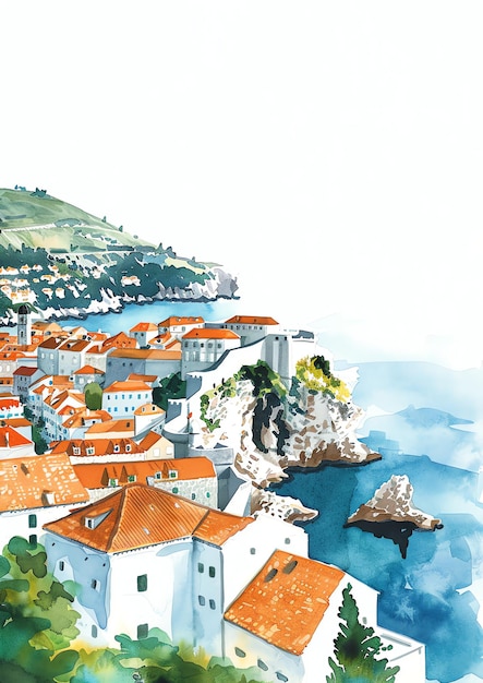 Dubrovnik Chorwacja krajobraz akwarelowy szablon zaproszenia ślubnego