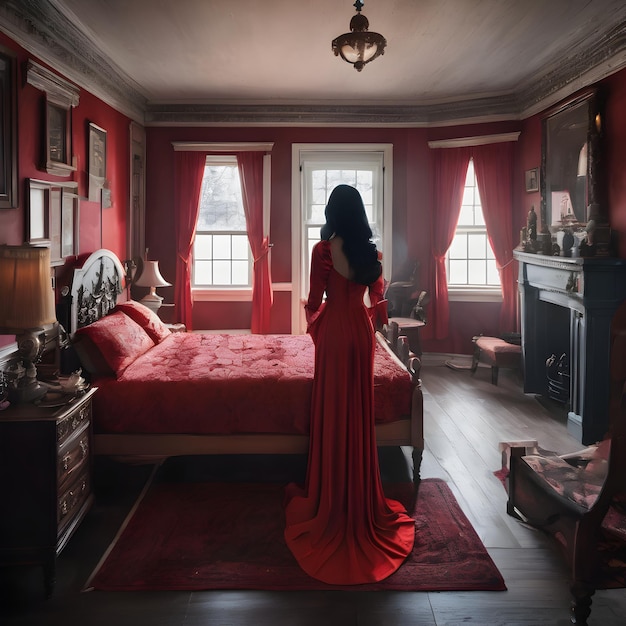 Duch byłej gospodyni domu w długiej krwawo-czerwonej sukience do podłogi w wnętrzu w czerwonych tonach