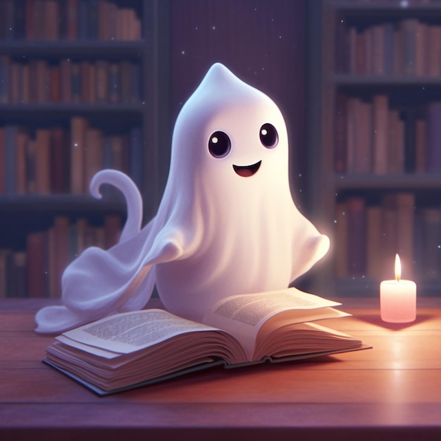 Duch czyta książkę ze świecą w tle.