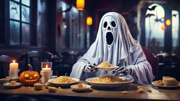 Duch Halloween jedzący jedzenie w restauracji