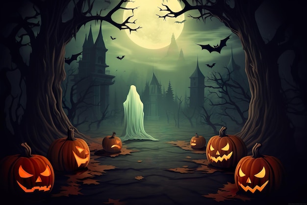 Duch na tle Halloween z strasznym zamkiem i pełnią księżyca w noc Halloween generatywną ai