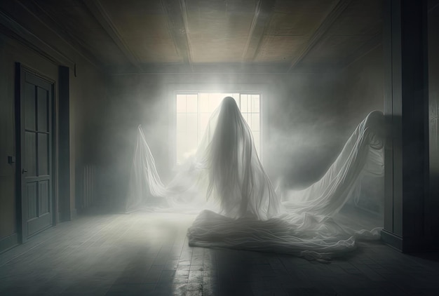 Duch stoi w ciemnym pokoju w stylu miękkiej mgły.