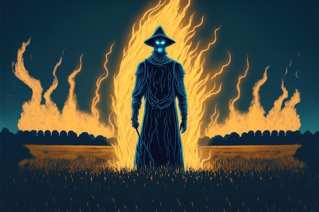 Duch stojący w polu płomieni ilustracja w stylu sztuki cyfrowej obraz fantasy koncepcja ducha w polu