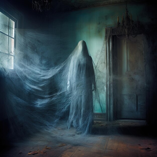 duch w ciemnym pokoju z kobietą w ciemnym pomieszczeniu z przerażającym duchem na ścianie
