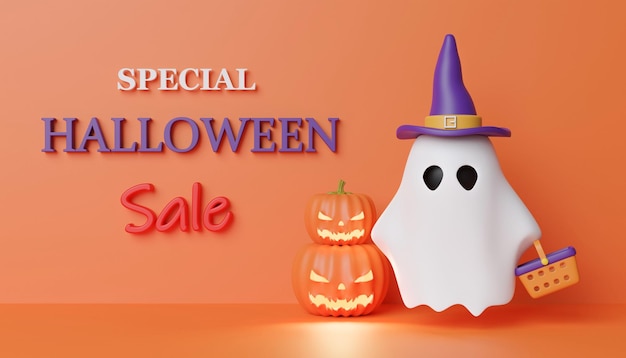 Duch z koszykiem sklepowym gotowy do zakupów Halloweenowa koncepcja na na białym tle ilustracja renderowania 3D