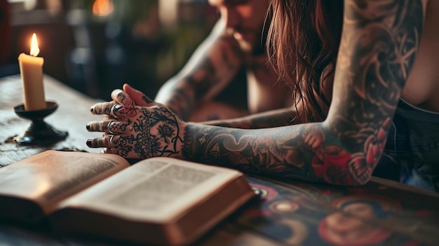 Duchowa więź Tatuowana para czytająca książkę religijną