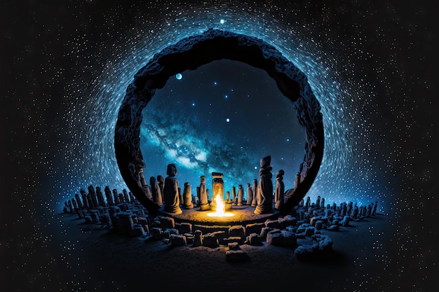 Duchowe niebieskie ognisko w centrum kręgu posągów moai w nocy utworzone za pomocą generatywnej ai
