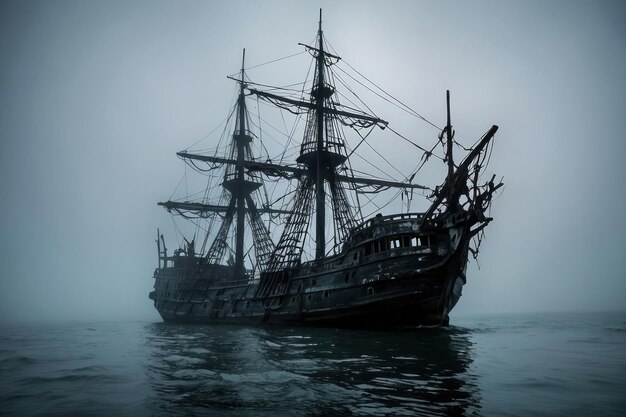 Zdjęcie duchowy statek wyłaniający się z mglistego morza