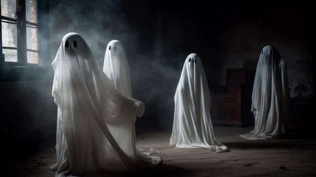 Duchy duchów w ciemnym pokoju z mężczyzną w białej sukni i kobietą w białej sukience.