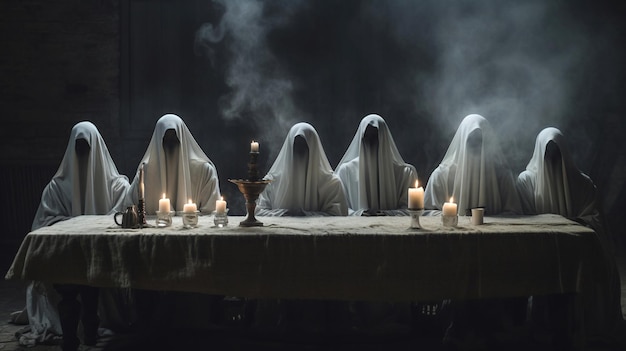 duchy gromadzące się enigmatyczne postacie zawinięte w białe prześcieradła zaangażowane w bankiet przy świecach