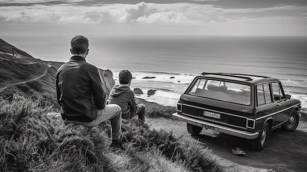 Duet ojca i syna siedzi w samochodzie przy plaży i ogląda zachód słońca