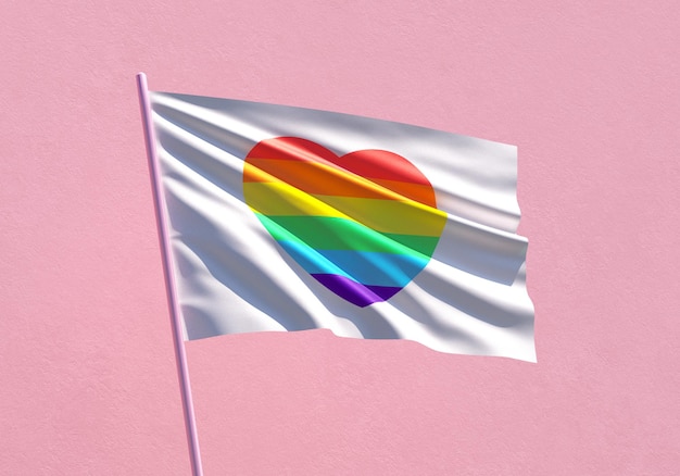 Duma tęczowa flaga serca machająca na różowym tle ściany dla LGBTQIA Miesiąc dumy, wolność seksualna, miłość, różnorodność, święto różnorodności i walka o prawa człowieka w ilustracji 3D