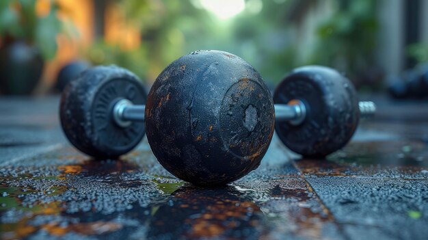 Dumbbells na podłodze w siłowni zbliżenie selektywne skupienie