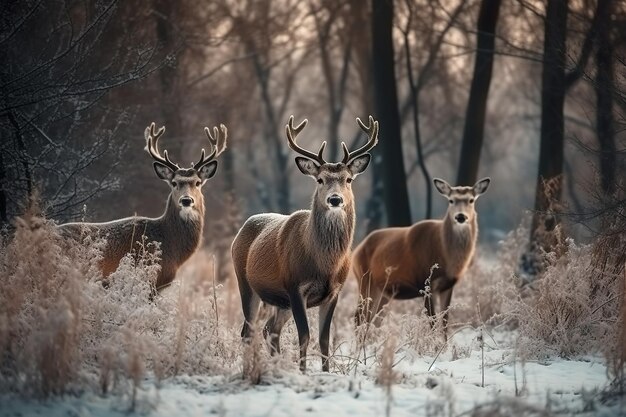 Dumna rodzina szlachetnych jeleni w zimowym śnieżnym lesie