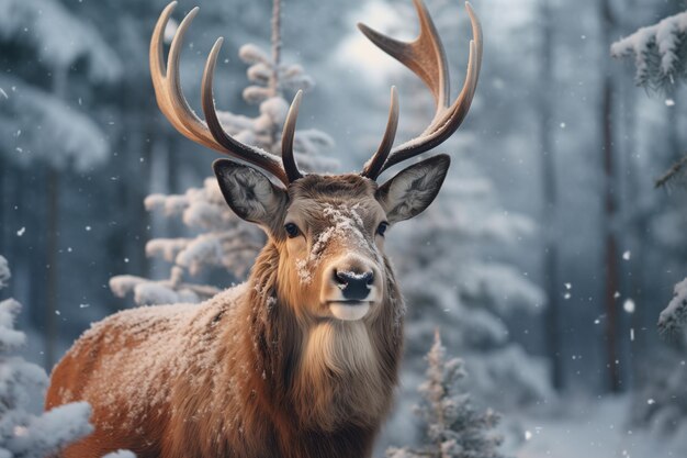 dumny jeleń z dużymi rogami w śnieżnym lesie