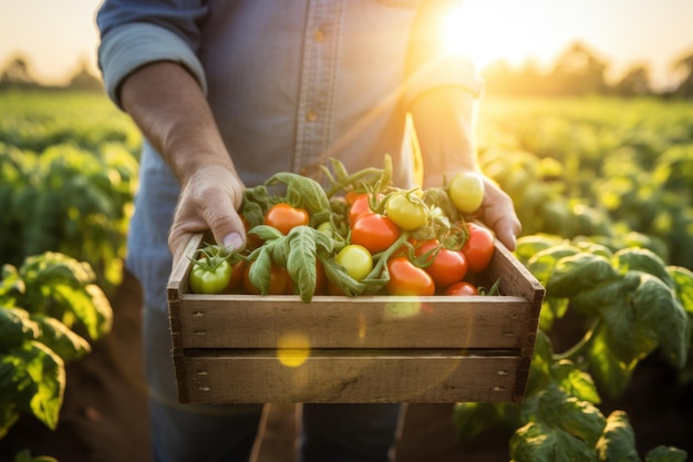 Dumny rolnik prezentujący obfite pudełko świeżo zebranych warzyw w słoneczny dzień na tętniącej życiem farmie