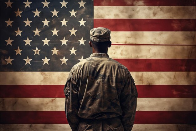 Dumny żołnierz w oszałamiającym mundurze wojskowym stoi wysoko na tle majestatycznej flagi USA Generatywna sztuczna inteligencja