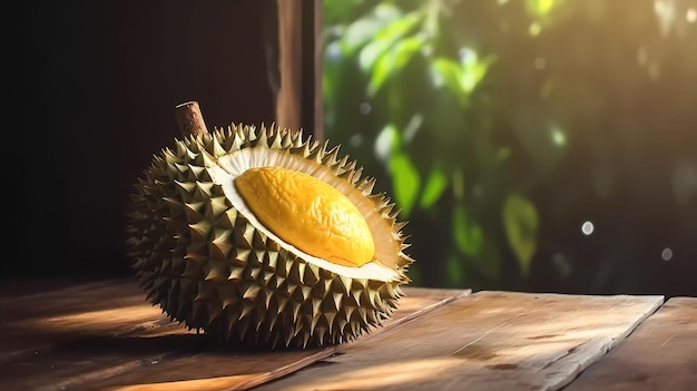 Durian na drewnianym stole z oknem w tle