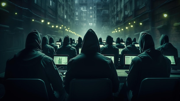 Duża armia hakerów, którzy pracują z laptopami, aby wykonywać różne działania związane z atakami cybernetycznymi, szpiegostwem lub cyberprzestępczością