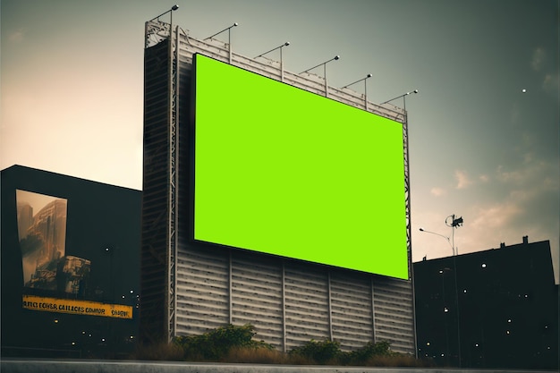 Duża betonowa ściana z wiszącą na niej pustą makietą billboardu, stworzona za pomocą generatywnej sztucznej inteligencji