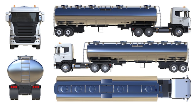 Zdjęcie duża biała cysterna samochodowa z polerowaną metalową przyczepą widoki ze wszystkich stron ilustracja 3d