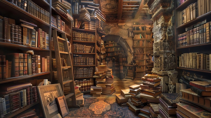 Zdjęcie duża biblioteka pełna starych książek, drewniana drabina prowadząca na drugie piętro i kominek w rogu.